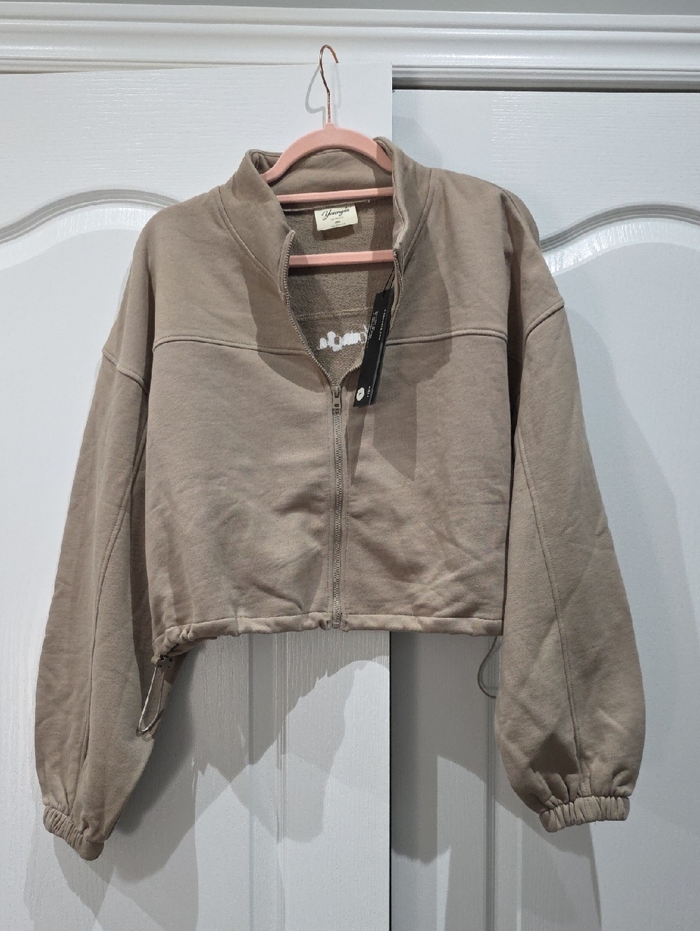 YoungLA Cropped Zip-Front Sweatshirt in Taupe